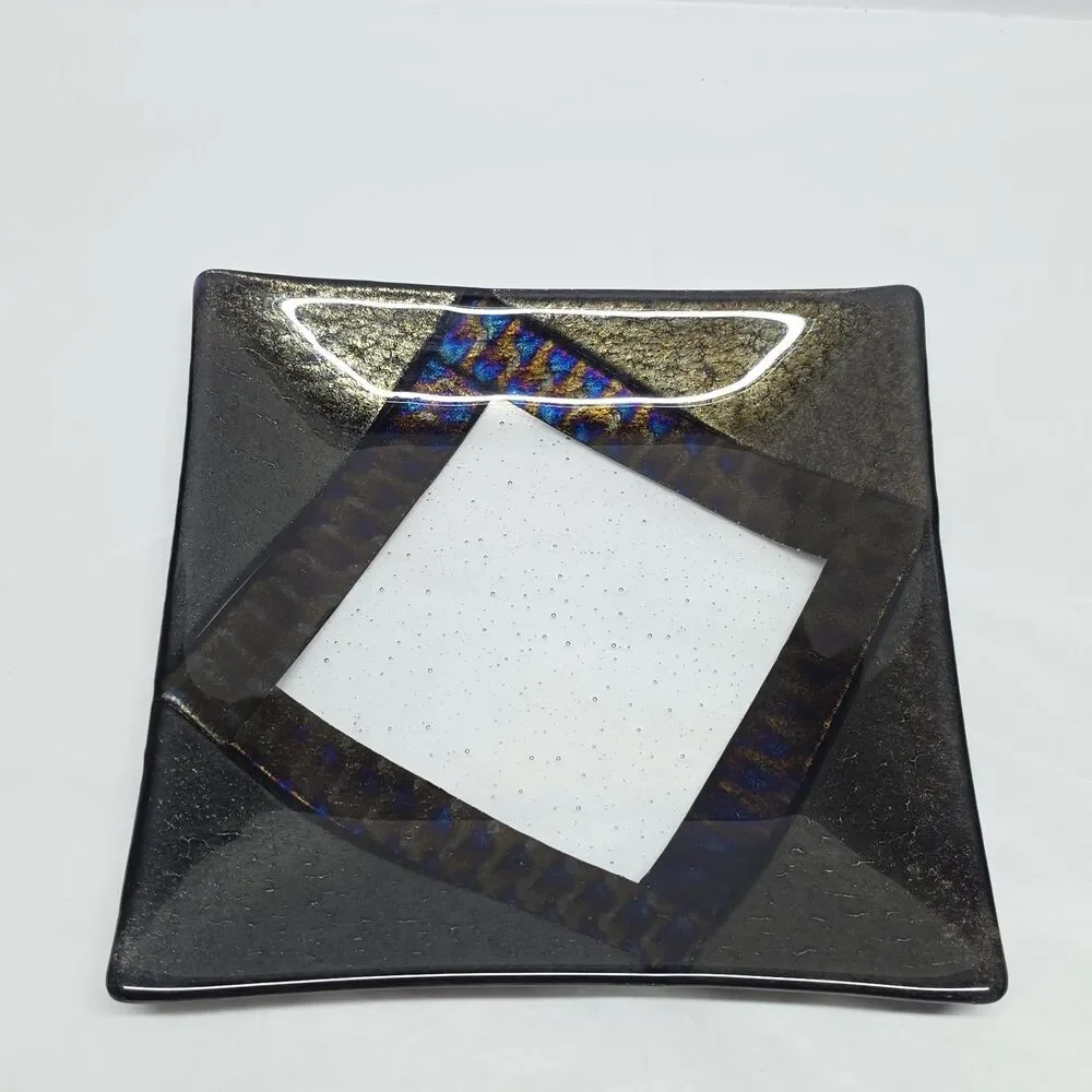 Chris Paulson Fused Art Glass Trinket Tray Plate Signed Dichroic Iridescent
